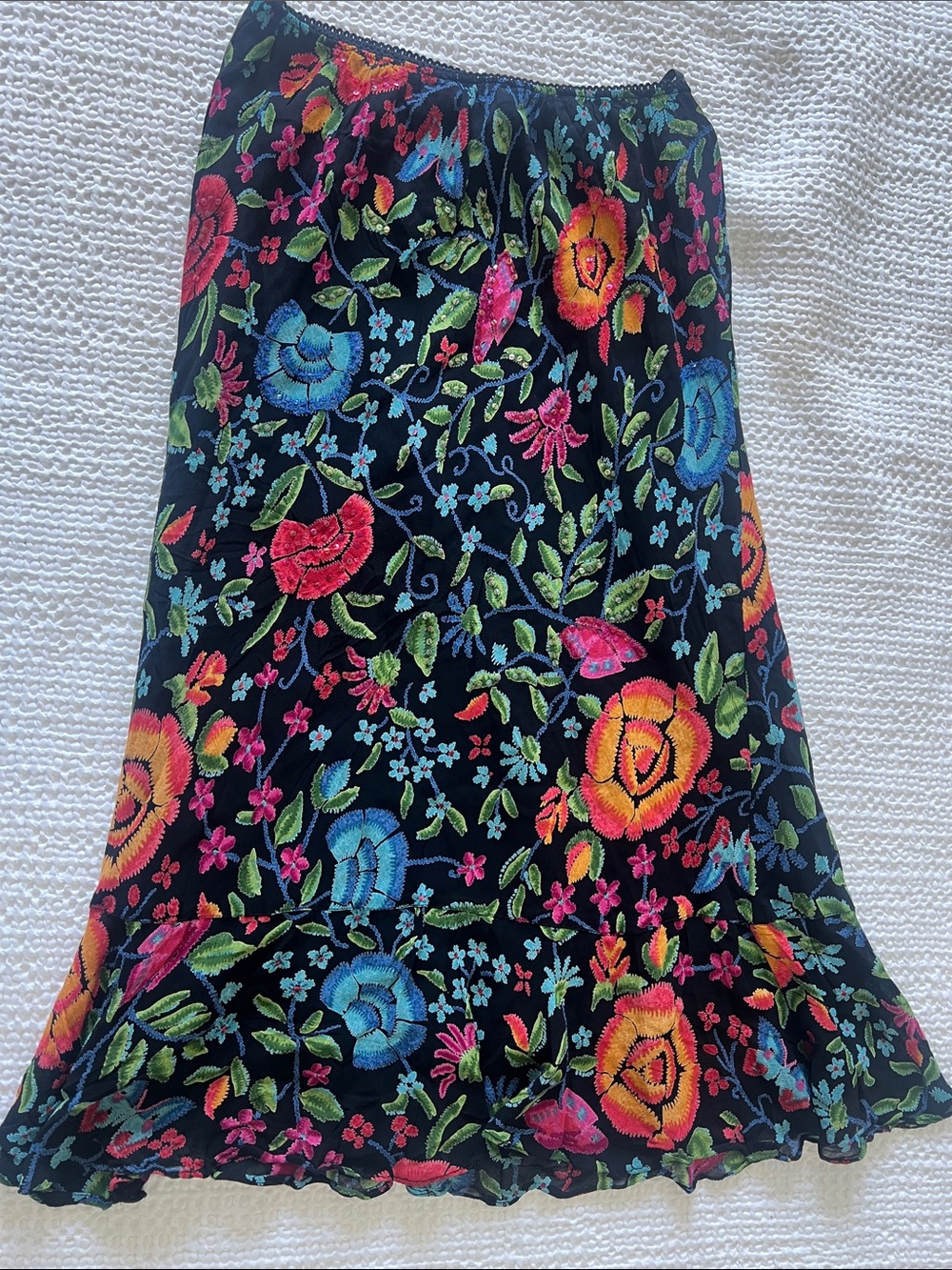 Nostalgia Black Maxi Skirt with Bright Floral Embroidery
